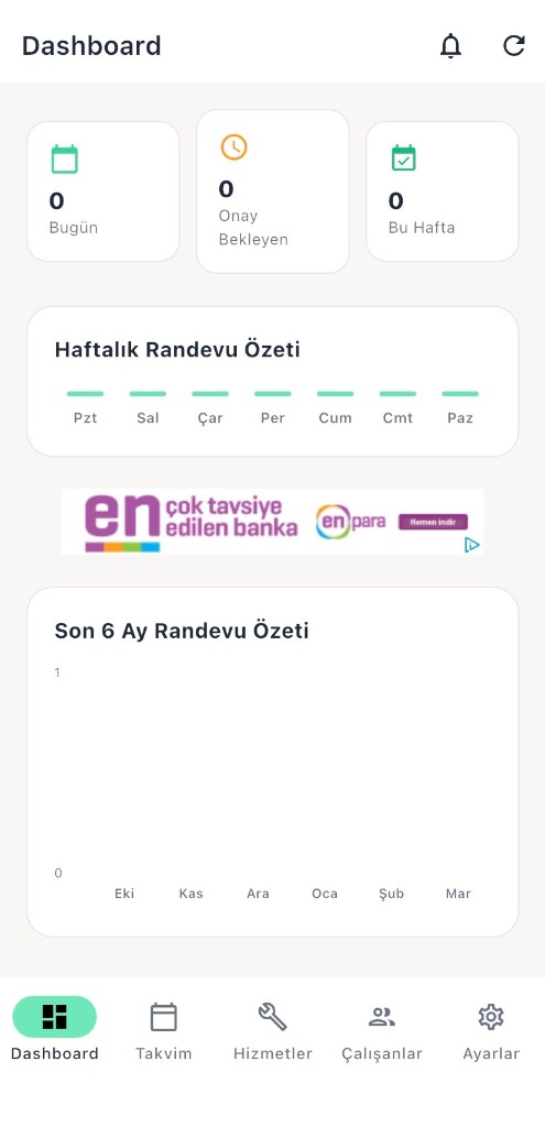 İşletme uygulaması – Dashboard ve randevu özeti